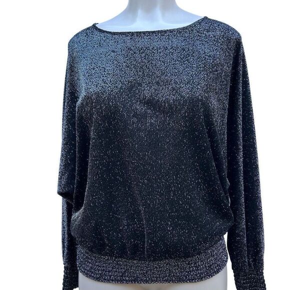 Joanna Sweater Blouse Women's Large Black Sparkly Mylar Blend Smocked Hem - Picture 8 of 16
